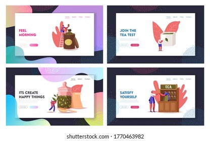 Tea Shop Page Template Set. Tiny Male Female Characters Packing, Sell and Buying Dry Tea Leaves at Huge Glass Jar and Cup with Fresh Beverage. Hot Drink Brew Retail. Cartoon People Vector Illustration