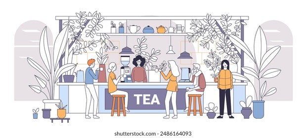 Tienda de té con personas disfrutando de bebidas rodeadas de plantas y decoración moderna