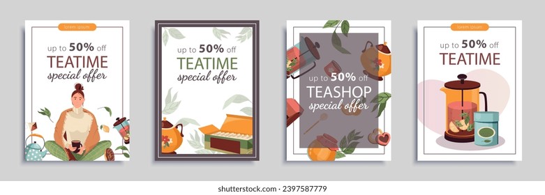 Folleto de la cubierta de la tienda de té en diseño plano. Las plantillas de afiches con descuento de compras ofrecen tarjetas con bebidas de hierbas, teteras y tazas, artículos de té. Ilustración del vector