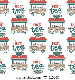 Tea shop seamless pattern with sign Hot tea for christmas postcard, invitation, poster, banner. The mobile van with tea. The sign Inscription Hot tea over a Cup.