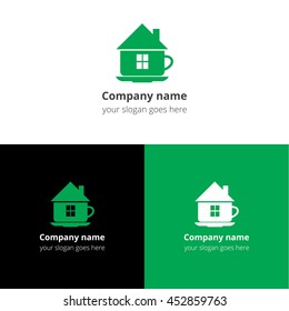 Tea shop or teacup drink logo, flat icon vector template. Abstract symbol and button with green color for coffee house service or fast food company.