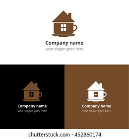 Tea shop or teacup drink logo, flat icon vector template. Abstract symbol and button with dark brown-light brown gradient color for coffee house service o fast food company.