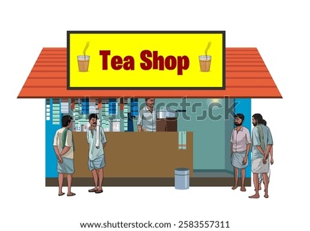 Tea Shop Vector Design, Cartoon Tea Shop Illustration, Indian Village People Talking, Vector Illustration