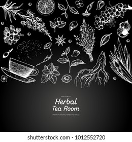 Tea shop vector illustration. Vector design with herbal tea ingredients. Healthy food and drink set. Hand drawn sketch collection. Engraved style frame.