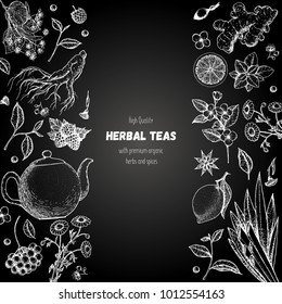 Tea shop vector illustration. Vector design with herbal tea ingredients. Healthy food and drink set. Hand drawn sketch collection. Engraved style frame.