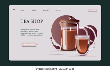 Tea shop web banner template, website, landing page and mobile app development. Glass tea pot, french press with black tea and glass mug with double bottom on dark gradient background