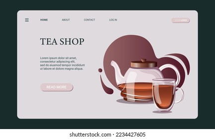 Plantilla de banner web de Tea shop, sitio web, página de inicio y desarrollo de aplicaciones móviles. Té de vidrio con té negro y taza de vidrio con fondo doble sobre fondo de gradiente oscuro