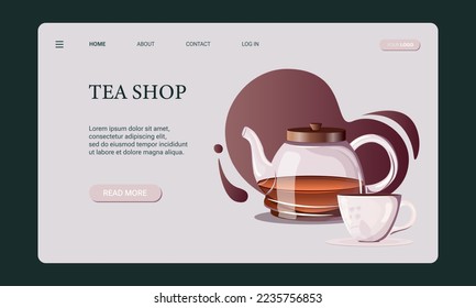 Tea Shop Web-Banner-Vorlage, Website, Landing-Page und mobile App-Entwicklung. Teekanne aus Glas mit Porzellanbecher, Untertasse und schwarzem Tee