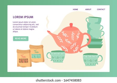 Tea shop website design, hand drawn teapot and cups, vector illustration. Cute decorative tea pot with hot beverage, packages of loose tea in online store. Landing page template, cafe website