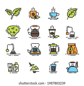 Tea Sign Color Thin Line Icon Set Include of Leaf, Mug, Teapot, Kettle and Teabag. Vector illustration of Icons