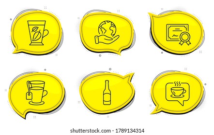Tea sign. Diploma certificate, save planet chat bubbles. Beer, Coffee and Mint leaves line icons set. Bar drink, Cafe, Mentha leaf. Glass mug. Food and drink set. Outline icons set. Vector