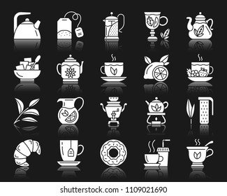 Tea silhouette icons set. Isolated web sign kit of cup. Tea Time pictogram collection includes teaspoon, sugar bowl, samovar. Simple tea contour symbol with reflection. White vector icon shape