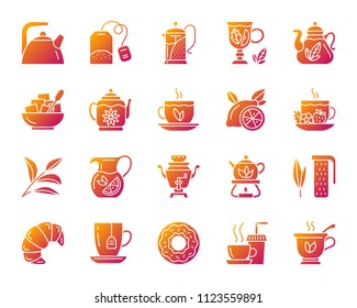 Tea silhouette icons set. Isolated on white web sign kit of cup. Tea time pictogram collection includes tea bag, lemon, croissant. Modern gradient simple contour symbol. Tea vector icon shape