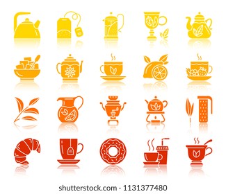 Tea silhouette icons set. Sign kit of cup. Tea time glyph pictogram collection includes fruit tea strawberry lemon. Simple tea color contour symbol with reflection. Vector Icon shape isolated on white