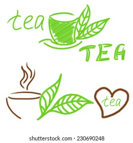 Tea in sketch style. Icon logo for your design. Set icons on an isolated background. Cups of fresh tea and green leaves. Vector illustration 10 EPS
