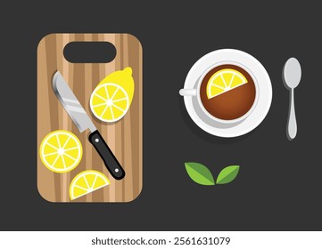 Tea and Sliced Lemon on Cutting Board Top View. Refreshing hot drink with vitamins vector art