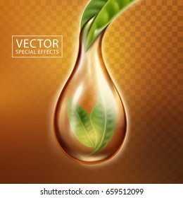 tea special effect with leaves covered by a tea drop, transparent background 3d illustration