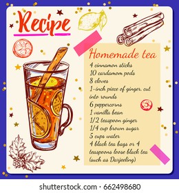Tea spices recipe with step by step instruction and drink in a mug vector illustration