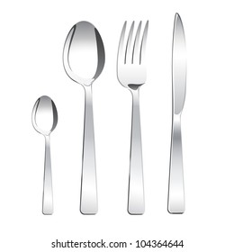 Tea spoon, spoon, fork and knife on white background. Isolated. Grouped for easy editing.