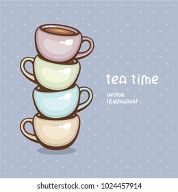 Tea stack vector illustration. Cute colorful cups. Design elements for menu and cafe. Traditional hot drink.