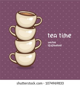 Tea stack vector illustration. Cute cups on violet background. Design elements for menu and cafe. Traditional hot drink.