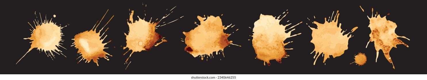 Tea Stain, manchas de café aisladas en el fondo negro vector moderno aislado arte clip aislado. Esquirlas de tazas, tazas y gotas. Utilice este conjunto de alta calidad para su menú, bar, cafetería, zona de operaciones