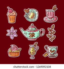 Tea sticker collection. Hand drawn line colored illustrations. Doodle style elements