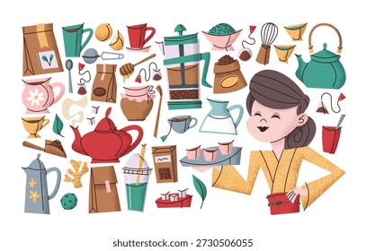 Tea stickers isolated set with charming waitress female cartoon character serving hot drink