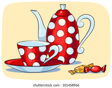 Tea stillaif. Teapot, cup and candies. Vector sketch illustration.