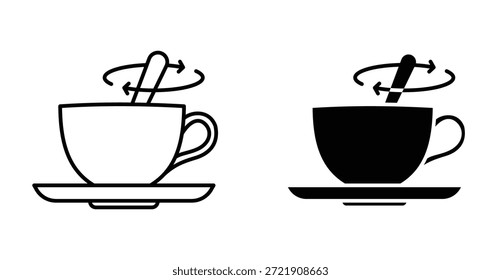 Té que revuelve con el icono de la cuchara fijado. Té que revuelve con el símbolo del Vector de la cuchara en estilo negro llenado y delineado.