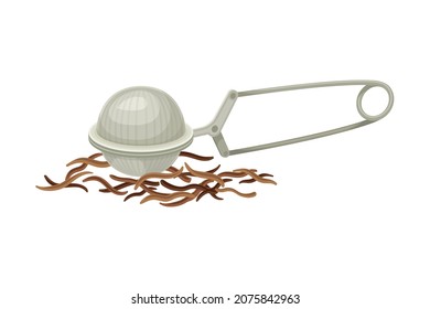 Tea Strainer and Dry Fermented Black Tea for Hot Aromatic Beverage Preparation Closeup Vector Illustration