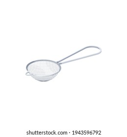 Tea strainer with handle isolated metal sieve icon. Vector strainer placed over teacup to catch loose leaves, kitchenware utensil. Sterling silver or stainless steel brewing or infusing basket