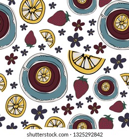 Tea, strawberry  , flowers relax seamless pattern for your design: posters, banners, mock ups