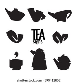 Tea. Stylish elements from the folded strips. Vector signs. Tea icons isolated on white background. Tea leaves, tea pot, cup of tea. Symbols set.