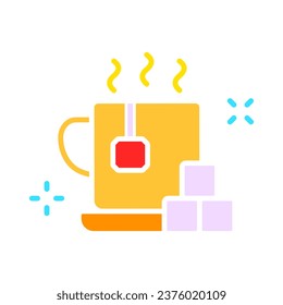 Tea with sugar line icon. Sweetness, refined sugar, cube, caries, syrup, diabetes, insulin. Vector color icon on a white background for business and advertising.