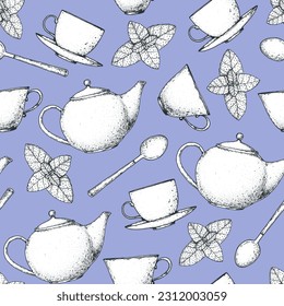 Los suministros de té esbozan un patrón impecable. Té, hervidor de té, cuchara. Utensilios de cocina fondo dibujado a mano