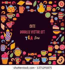 Tea sweets bakery doodle icons collection designed as decorative frame