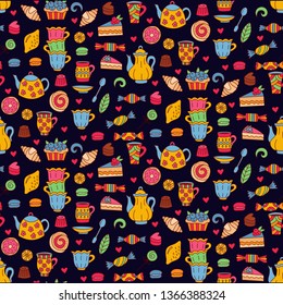 Tea sweets bakery tableware doodle colorful seamless vector pattern