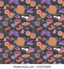 Tea and sweets. Sweets, cakes, fruits and berries. Home tea party. Seamless pattern on a dark background. Vector illustration.