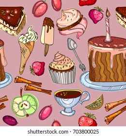 Tea and sweets, cupcakes seamless pattern. Tea party vintage hand drawn seamless background