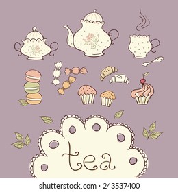 Tea and sweets doodle icons.
