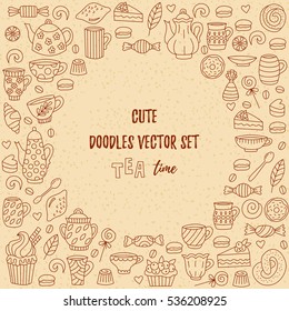 Tea and sweets doodles as decorative round frame border for text