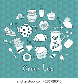 Tea and sweets icons set in doodle style on geometric background