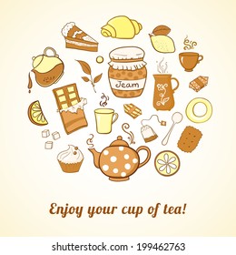 Tea and sweets icons set, isolated vector illustration in doodle style