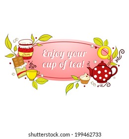 Tea and sweets label with the wish bon appetit in doodle style