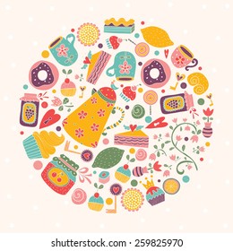 Tea and sweets. Round Motif. Vector illustration.