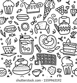 Tea and sweets seamless doodle pattern. Outline hand drawn illustration about coffee or tea time - coffee, tea, cupcake, cups, candy, lollipops.