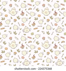 Tea and sweets seamless doodle pattern.