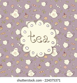 Tea and sweets seamless doodle pattern.