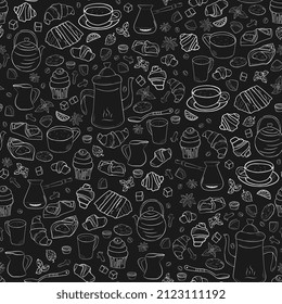 tea and sweets seamless pattern. Background for menu, restaurant, packaging.